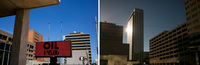 (Left) An electronic sign in downtown Midland displays several messages, including the the price of oil that day. (Right) The sun catches on the side of a building downtown. (Ilana Panich-Linsman for NPR)
