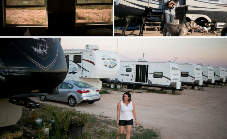 Jesse Murillo (top right) and Megan Newman (bottom) opened the Out West RV park, nestled between Midland and Odessa, as a long-term investment. Since opening the park, the couple have been living in an RV as they build their own home. (Ilana Panich-Linsman for NPR)