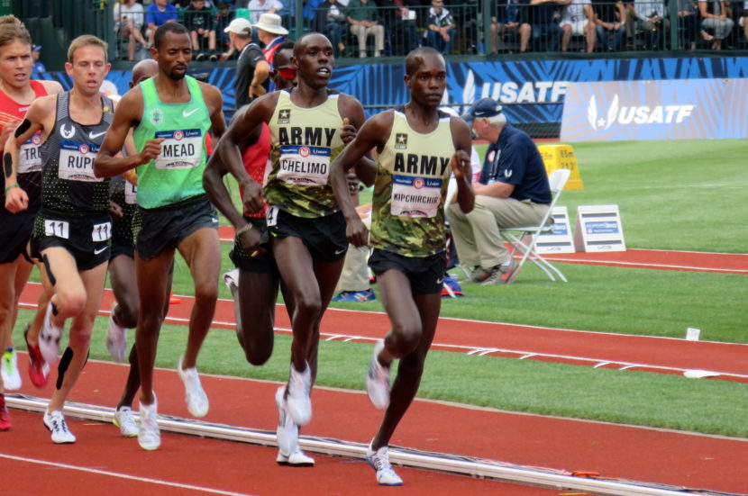 Two members of the U.S. Army lead the pack in the 5,000 meters at the U.S. Olympic Trials in July in Eugene, Ore. Shadrack Kipchirchir (right), did not make the team in the 5,000, but did qualify in the 10,000. Paul Chelimo (second from right), qualified in the 5,000 and won a silver medal in Rio on Saturday night. Tom Banse/Northwest News Network