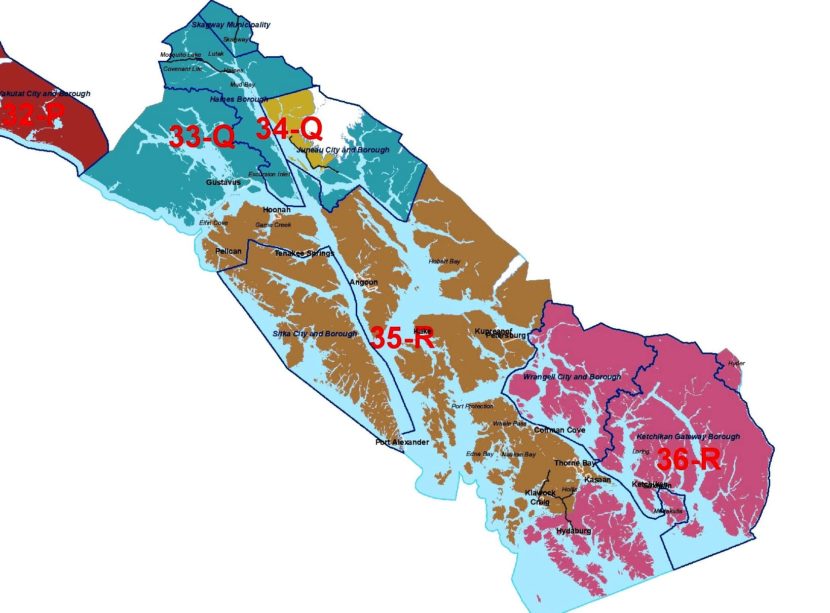 Southeast Alaska's House districts are 33, 34, 35 and 36. The Senate districts, which each include two House districts, are Q and R. (Map courtesy Alaska Redistricting Board)