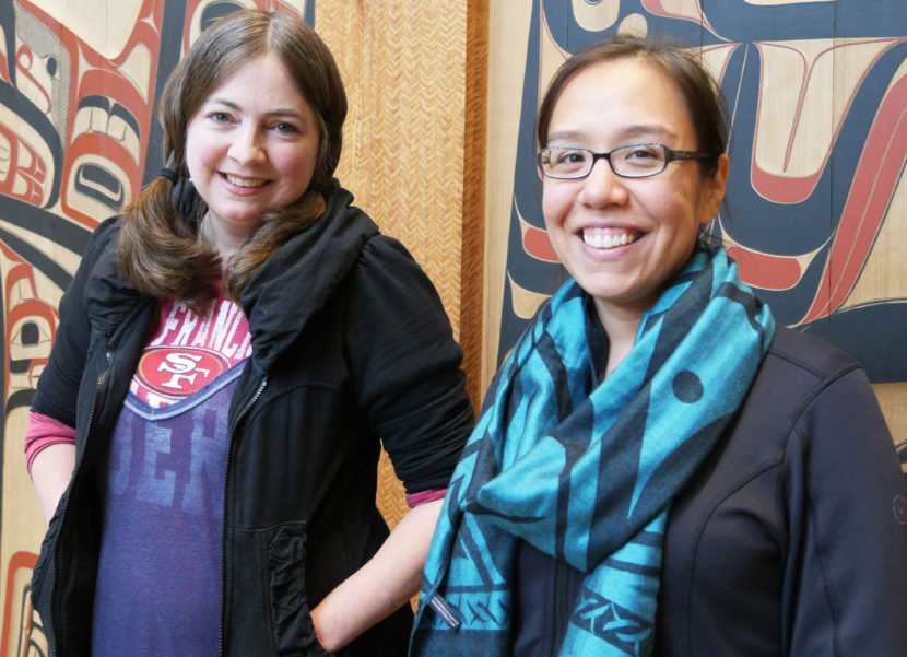 (R to L) Sealaska Heritage's Kathy Dye and Katrina Hotch, who both worked on the recently-released Tlingit language app, posed in the Sealaska Heritage Institute lobby. (Photo by Lakeidra Chavis/ KTOO)