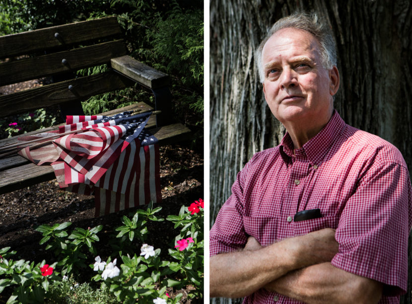 Russell Mercer donates old U.S. flags from Sept. 11 memorials to a post of Veterans of Foreign Wars. He is still waiting to recover remains of his stepson, who was one of the New York City firefighters killed at the World Trade Center. Alex Welsh for NPR