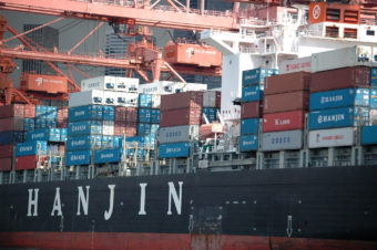 File photo of Hanjin container ship at the Port of Seattle (Photo by James Brooks/Flickr)