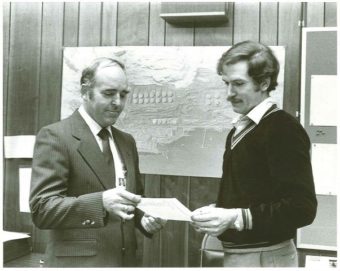 Then-Valdez Mayor Bill Walker congratulates Alyeska's Marine Terminal manager on the arrival of the one billionth barrel of oil, 1979. (Photo courtesy of Bill and Donna Walker)