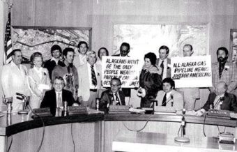 Bill Walker, fifth from left. As a Valdez City Council member, Walker traveled with a delegation from the Organization for the Management of Alaska Resources (later the Resource Development Council) to meet with California Gov. Jerry Brown to advocate for a gas line, 1977. (Photo courtesy of Bill and Donna Walker)