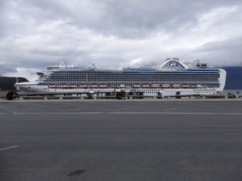 The Crown Princess cruise ship parked in Haines after high winds prevented it from docking in Skagway. (Photo by Abbey Collins/KHNS)