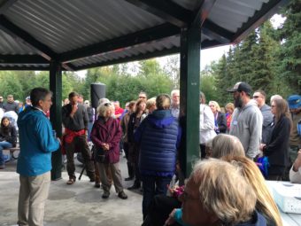 Mayor Ethan Berkowitz, along with APD Chief Chris Tolley took questions for more than an hour-and-a-half from concerned residents of neighborhoods around Valley of the Moon Park. (Photo by Zachariah Hughes/Alaska Public Media, Anchorage)