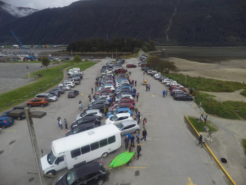 A drone shot of Juneau's electric vehicle get together. (Photo by Gabe Strong.)