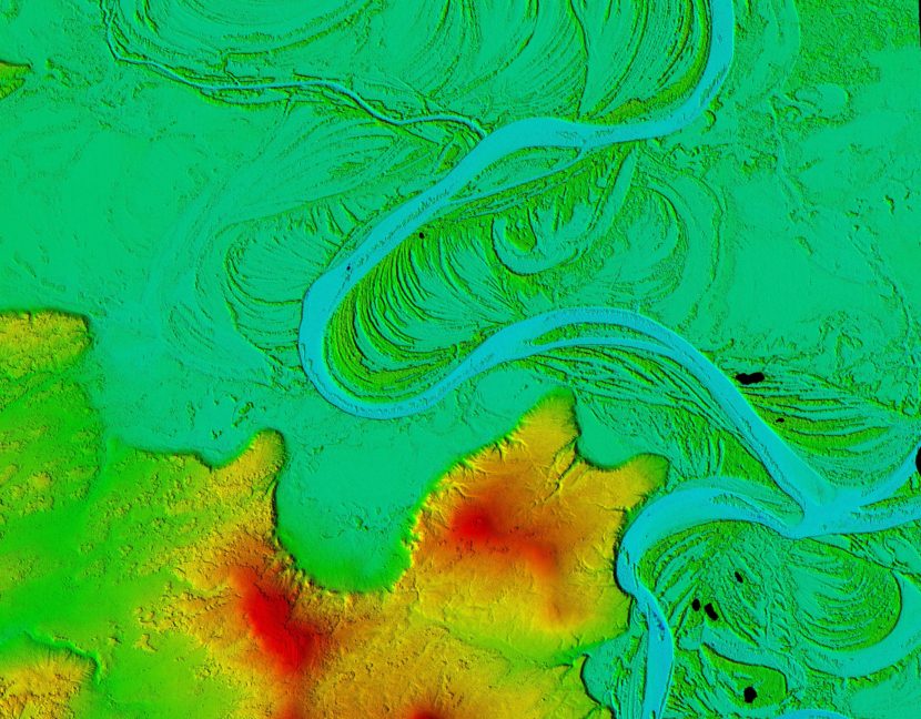 The digital elevation models show the unique boreal forest vegetation patterns alongside the Koyukuk river. (NSF/NGA)