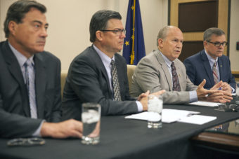 Chief Oil & Gas Advisor John Hendrix, Alaska Gasline Development Corporation President Keith Meyer, Alaska Gov. Bill Walker and Department of Natural Resources Commissioner Andy Mack gave a press conference on Friday Sept. 30, 2016 to discuss their meetings with potential Asian markets for Alaska's LNG in Anchorage, Alaska. (Photo by Rashah McChesney)