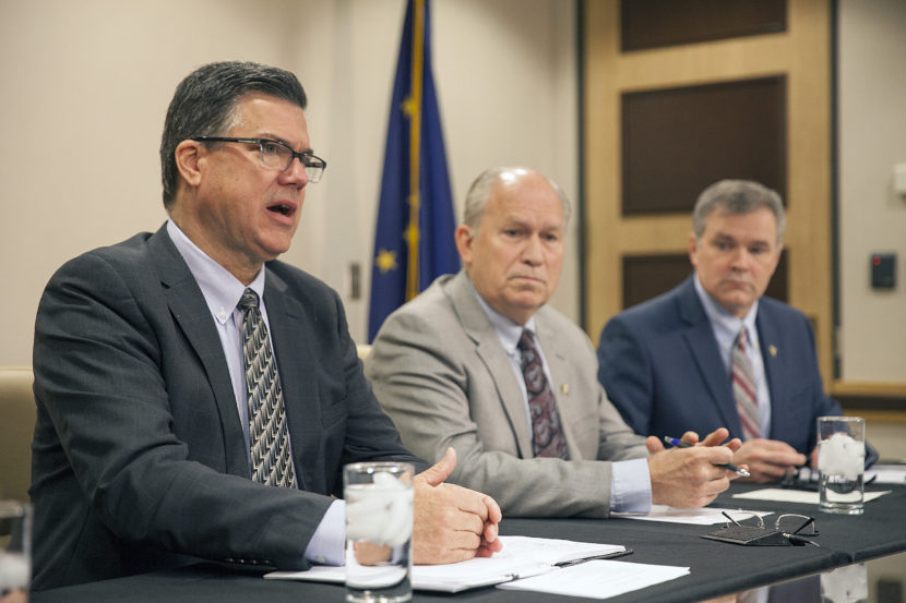 Alaska Gasline Development Corporation President Keith Meyer, Alaska Gov. Bill Walker and Department of Natural Resources Commissioner Andy Mack discuss meetings with potential buyers of Alaska’s LNG during a press conference on Friday Sept. 30, 2016 in Anchorage, Alaska. (Photo by Rashah McChesney)