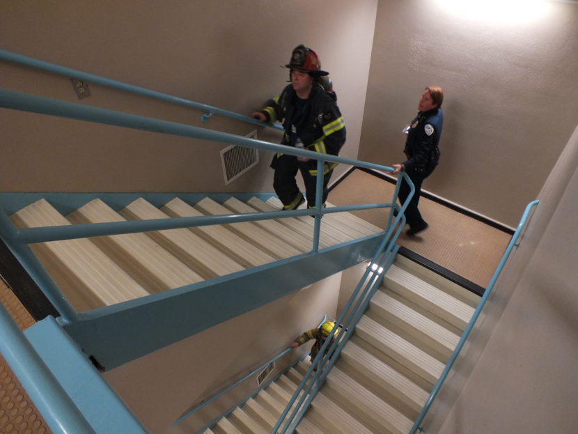 CCF/R's Capt. Todd Cameron and Juneau Police Lt. Kris Sell participate in the 9/11 Memorial Stair Climb on Saturday.