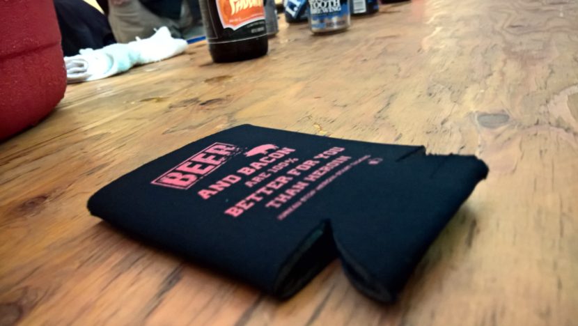 Beer and Bacon 100% Better than Heroin koozie