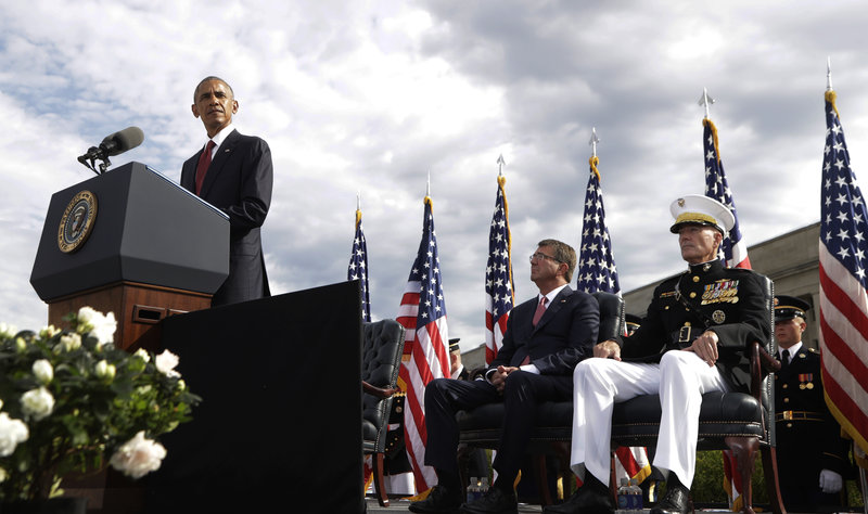 President Barack Obama speaks at a memorial observance ceremony at the Pentagon on Sunday. Manuel Balce/AP