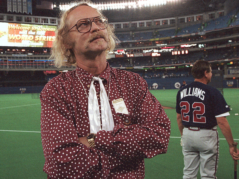 Canadian author W.P. Kinsella standing on the baseball field before game five of the 1992 World Series between Toronto Blue Jays and Atlanta Braves in Toronto, Ontario. Rusty Kennedy/AP