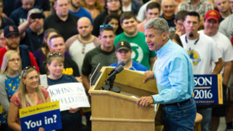 Libertarian presidential candidate Gary Johnson speaks during a campaign rally earlier this month at Grand View University in Des Moines, Iowa.