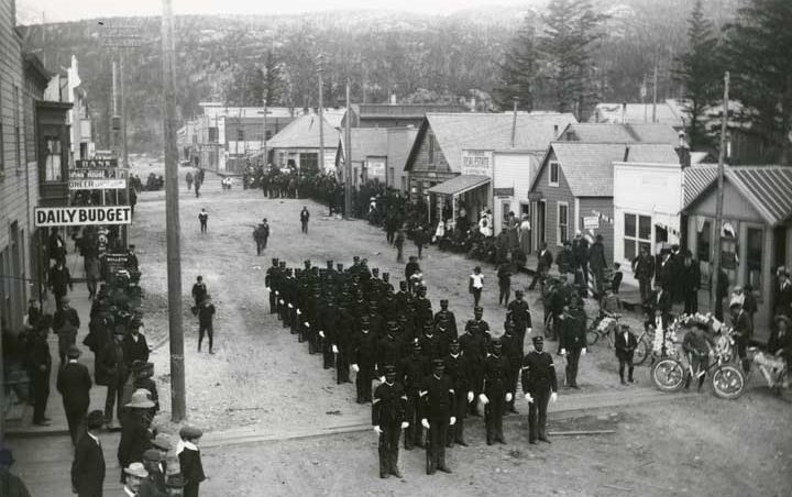 Company L of the 24th Infantry lined up in formation on Fifth Avenues on the Fourth of July in 1899 in Skaway, Alaska. (Photo courtesy of the Alaska State Library ASL-P75-144)
