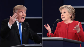 Left: Republican nominee Donald Trump speaks during the presidential debate at Hofstra University on Monday in Hempstead, N.Y. Right: Democratic nominee Hillary Clinton speaks during the debate. (Photo by Drew Angerer/Getty Images)