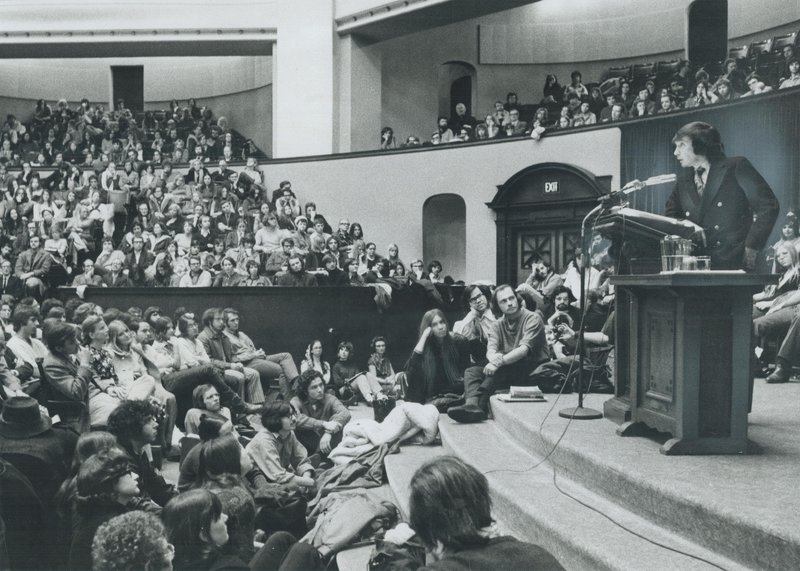 Playwright Edward Albee — whose works included The Zoo Story, The Sandbox and Who's Afraid of Virginia Woolf? — has died. Above, he speaks to a packed house at the University of Toronto in 1971. Boris Spremo/Toronto Star via Getty Images