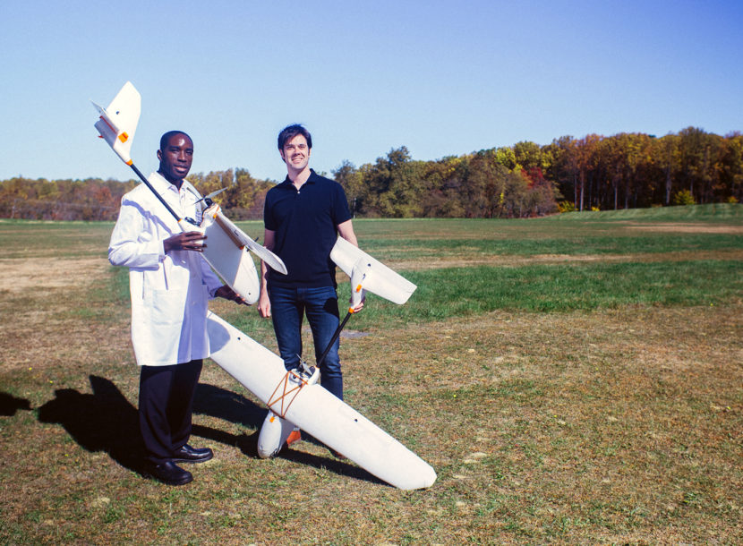 Timothy Amukele, an assistant professor of pathology at Johns Hopkins Medical School in Baltimore, and systems engineer Jeff Street are trying to figure out how to use drones to deliver blood samples. (Photo by Johns Hopkins School of Medicine)