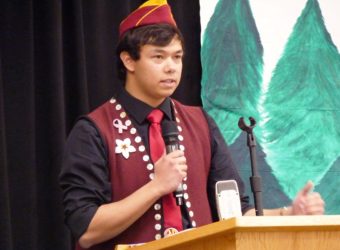 Yakutat ANB Camp President Devlin Anderstrom delivers the keynote speech Wednesday at the Alaska State Brotherhood and Sisterhood Grand Camp Convention in Juneau. (Photo by Ed Schoenfeld/CoastAlaska News)