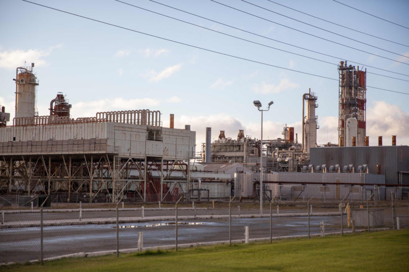 The sun sets over Agrium’s currently dormant fertilizer plant on Sept. 29, 2016 in Nikiski, Alaska. The company is working to get the permits it would need from the state were it to reopen the facility. (Photo by Rashah McChesney/Alaska's Energy Desk)