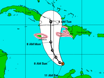 Forecasters expect Hurricane Matthew to pass between Jamaica and Hispaniola before hitting parts of Cuba and the Bahamas. NHC/NOAA