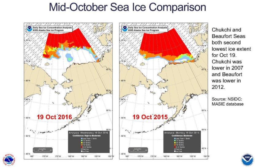 Sea-ice extent is one of several factors that climate scientists consider when formulating forecasts. There's less sea ice around Alaska than there was a year ago, but Thoman predicts the winter of 2016-17 will be cooler overall than last winter, largely due to the influence of a La Niña phase that's replaced the El Niño that helped make last winter the warmest on record in the Arctic. 