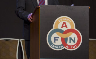 U.S. Sen Dan Sullivan addresses the Alaska Federation of Natives Convention, Oct. 15 (Photo by Mikko Wilson/KTOO)