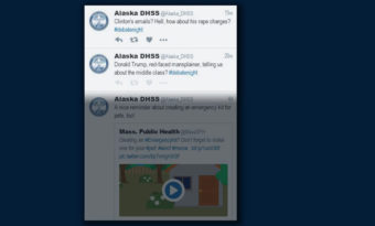 Some politically charged tweets related to the presidential debate were sent on the Alaska Department of Health & Social Services Twitter account at 5:32 p.m. and 5:37 p.m. during the debate Monday. The tweets were deleted shortly after going out. (Graphic by Jeremy Hsieh, KTOO – Juneau)
