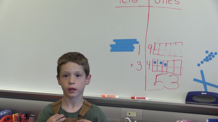 Eli Wyatt is a second-grader at Glacier Valley Elementary School. He answered 19+34 =53.