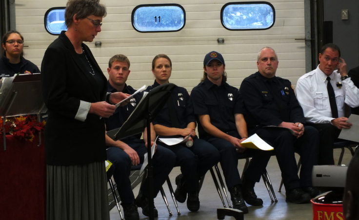 Deputy City ManagerMila Cosgrove speaks during the Fallen Firefighters' Memorial Candle Light Service at the downtown Juneau firestation on Saturday evening.