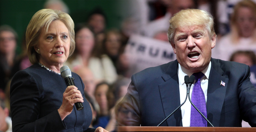 Hillary Clinton speaks at an event in Manchester, New Hampshire, Jan. 22, 2016, and Donald Trump speaks with supporters at a campaign rally at the South Point Arena in Las Vegas, Nevada, Feb. 22, 2016.