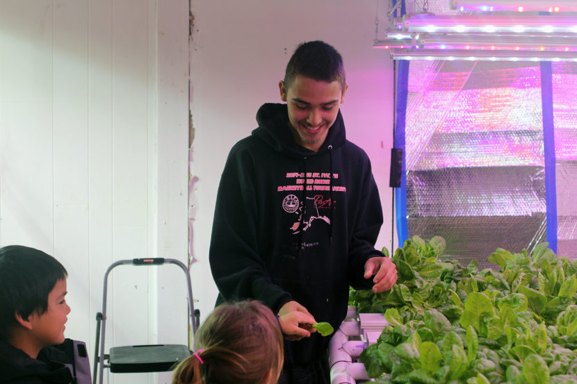Dallas Roberts shares lettuce from St. Pauls's greenhouse with students. (Photo by Zoë Sobel/KUCB)