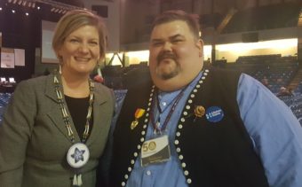 Alaska Attorney General Jahna Lindemuth and Central Council President Chalyee Éesh Richard Peterson at the 2016 Alaska Federation of Natives convention in Fairbanks. (Photo by Jennifer Canfield)
