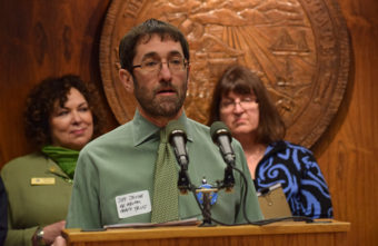Alaska Mental Health Trust Executive Director Jeff Jessee tells reporters why he supports Gov. Bill Walker’s efforts to expand Medicaid at a press conference in the Capitol, March 17, 2015. Gov. Walker had just announced that he had introduced a bill that he hopes will lead to Medicaid overhaul and expansion. (Photo by Skip Gray/360 North)