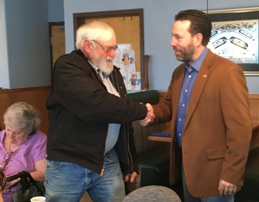 Libertarian candidate for U.S. Senate Joe Miller meets supporters during a campaign trip to Ketchikan. (Photo by Leila Kheiry/KRBD)