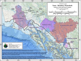 The state has identified eight transboundary watersheds feeding Southeast Alaska rivers. (Map by Alaska Department of natural Resources.)