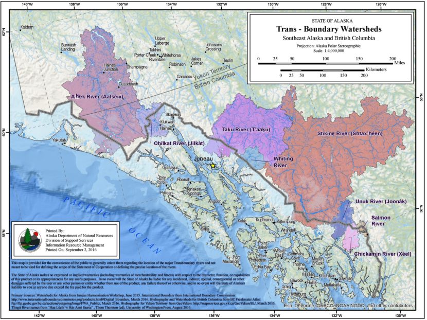 The state has identified eight transboundary watersheds feeding Southeast Alaska rivers. (Map by Alaska Department of natural Resources.)