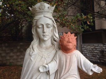This statue, in Sudbury, Ontario, was apparently vandalized about a year ago. A local artist volunteered to help replace Jesus' missing head, but not everyone appreciates her efforts. Marina von Stackelberg/CBC