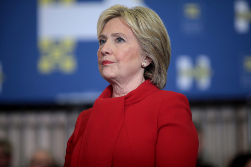 Former Secretary of State Hillary Clinton speaking with supporters at a "Get Out the Caucus" rally at Valley Southwoods Freshman High School in West Des Moines, Iowa. (Creative Commons photo by George Skidmore)