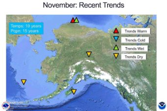 The National Weather Service has kept records for than a century on Alaska's weather, but Thoman relies on more recent trends for his 2016-17 winter forecast: the past 10 years of temperature data and 15 years of precipitation data. The data suggest there will be less precipitation next month in the Interior but more along the Arctic Ocean coast, and warmer temperatures..