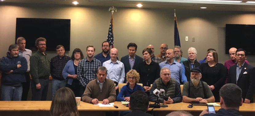 The new bipartisan House majority caucus. The leaders, seated left to right, include Majority Leader Chris Tuck, Rules Chairwoman Gabrielle LeDoux, Speaker Bryce Edgmon, and Finance Co-Chairman Paul Seaton. Nov. 9, 2016. (Photo by Andrew Kitchenman/KTOO/APRN)