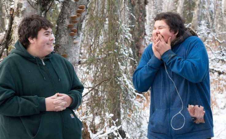Josh Grosvold and Wally James laugh after their attempt to call moose in October 2016. (Photo by Scott Moon/Kenaitze Indian Tribe)
