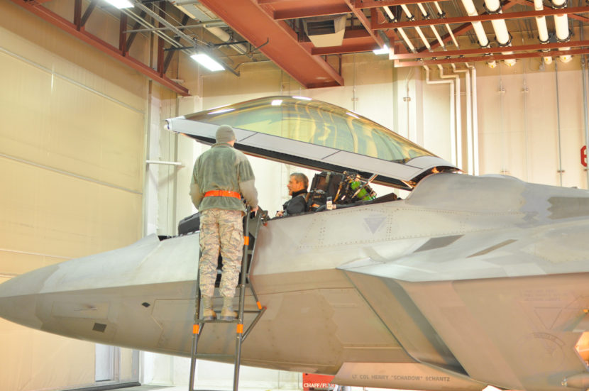 Lt. Gen. Kenneth Wilsbach prepares to depart in an F-22 for a training mission. (Photo by Zachariah Hughes/Alaska Public Media)