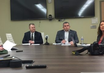 Alaska Blood Bank CEO Bob Scanlon, left, and Board Chair Ryan York talk to reporters on Friday.