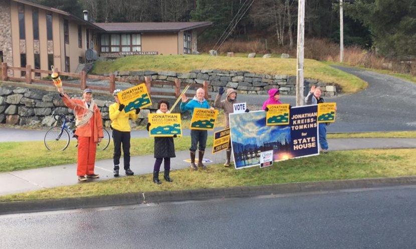 Democrat Jonathan Kreiss-Tomkins, center, campaigns with supporters in Sitka on Election Day, Nov. 8, 2016.