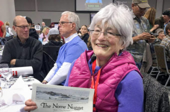 Nancy McGuire, the longtime editor and publisher of The Nome Nugget, at the Iditarod banquet in Anchorage, March 2016. (Photo by John Handeland, via The Nome Nugget and its Facebook page.)