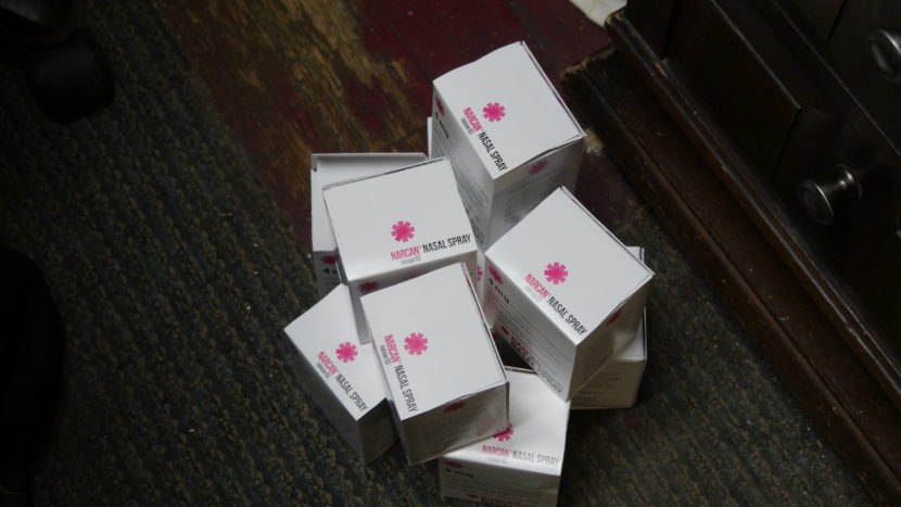 Boxes of Narcan given to employees of the Bergmann Hotel during a Juneau Police Department outreach effort.