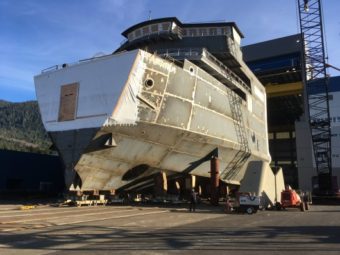 The forward half of the Alaska Class Ferry Tazlina moved out of the assembly hall at the Vigor Alaska shipyard in Ketchikan. (Photo by Leila Kheiry/KRBD)